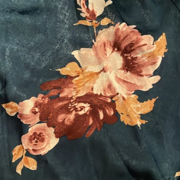 Torrid Brand Teal Blue Floral Satin Open Front Boho Kimono, 00/0 (M/L) - Picture 5 of 5